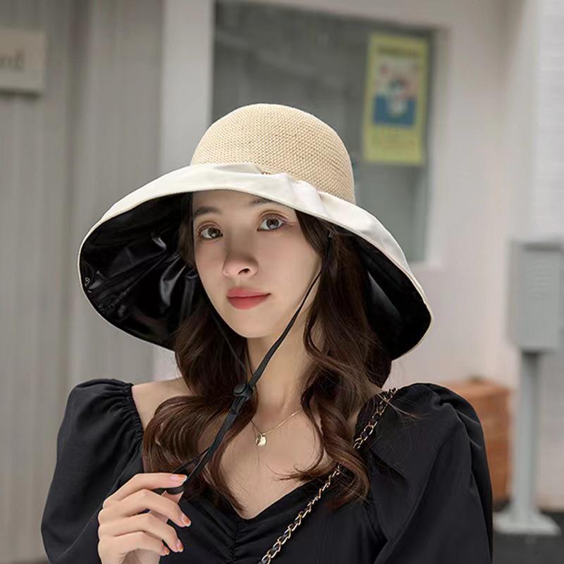 Korean-Style Women's Wide Brim Sun Hat with Bow and Face Mask - Versatile Outdoor UV Protection Hat for Adults