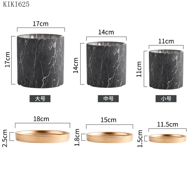 European Style Marbled Cylindrical Ceramic Flowerpot with Golden Tray Household Succulents Potted Gardening Garden Decoration