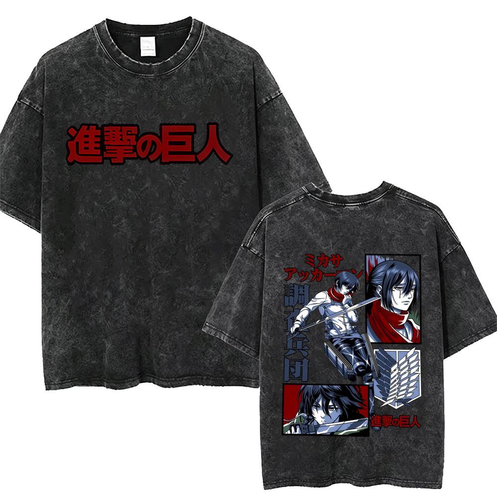 Washed Vintage Anime Attack on Titan Tshirts Eren Jaeger Graphic Tshirt Men Women Manga Retro Oversized Short Sleeve T Shirts