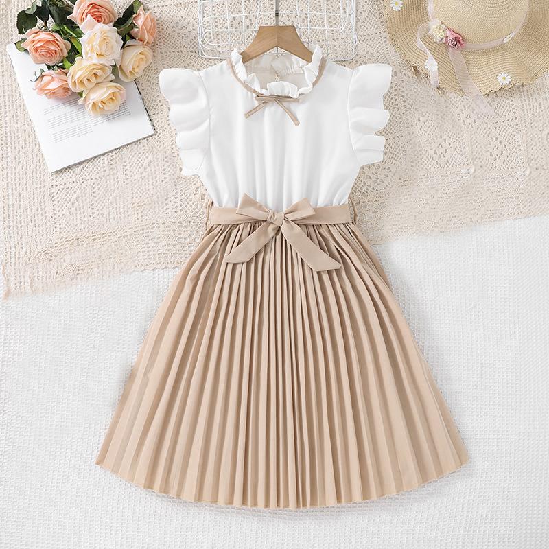 Dívčí šaty Dětské oblečení 2025 Letní nový styl Volánový rukáv Barevně blokovaný Temperamentní Skládaná sukně