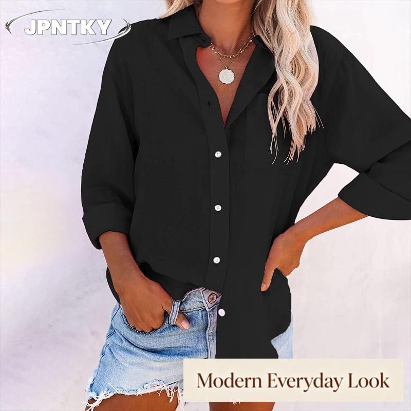 JPNTKY Women's Fashion Casual Solid Color Print Long Sleeve POLO Neck Blouses & Shirts