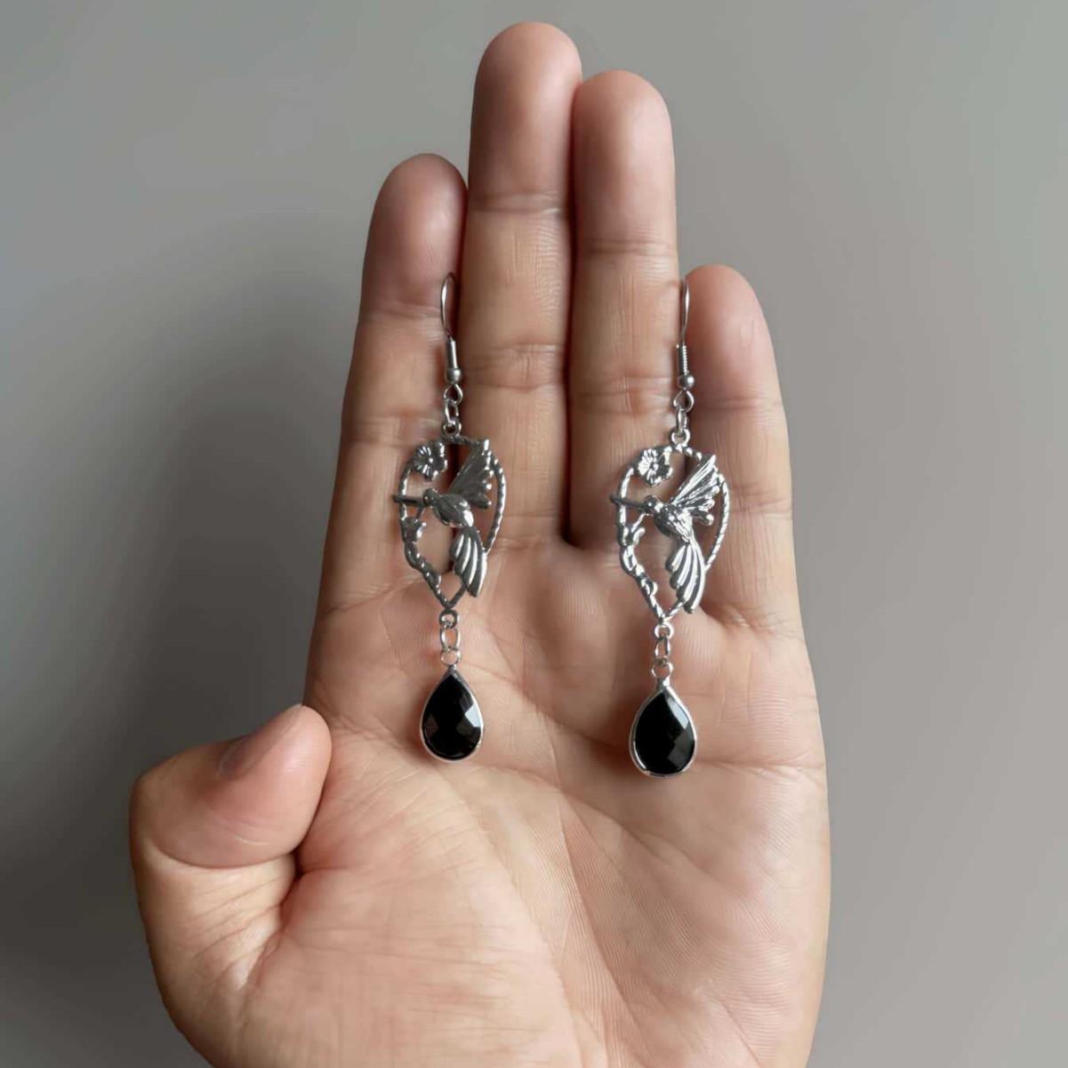 Exquisite Charm Gold Color Stainless Steel Hummingbird Flower Teardrop-shaped Crystal Pendant Dangle Earrings for Women Jewelry