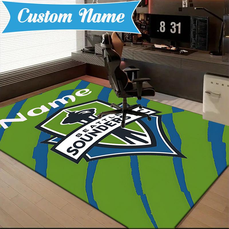 Custom Name Sounders FC Crest Rug Game Carpet, Floor Mat for Bedroom Living Room Entryway Rug, Home Decor Idea Gift for Christmas Birthday