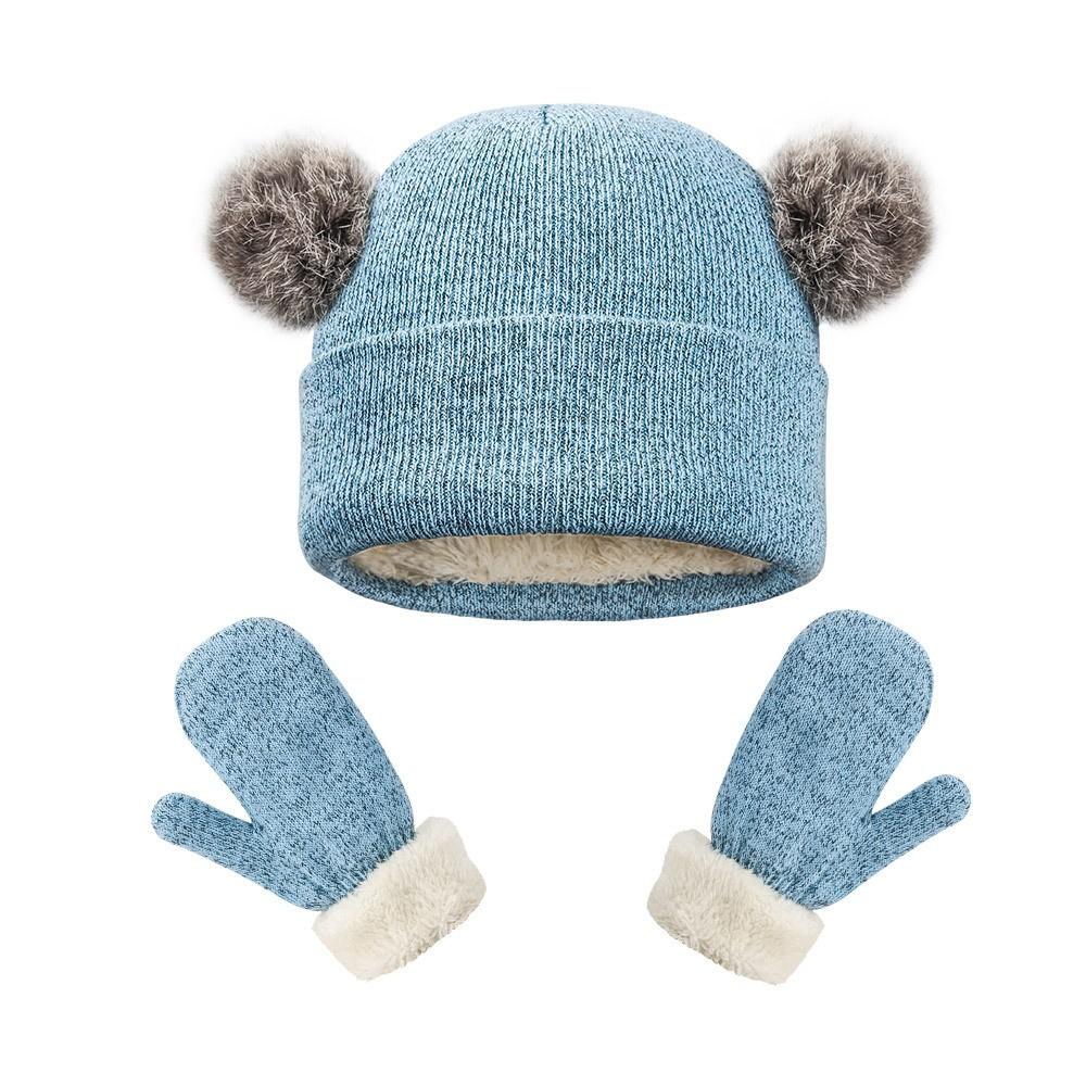 Children's Knitted Hat Gloves Two Piece Set Thickened Cold Proof Wool Hat Winter Windproof Ear Warm Set