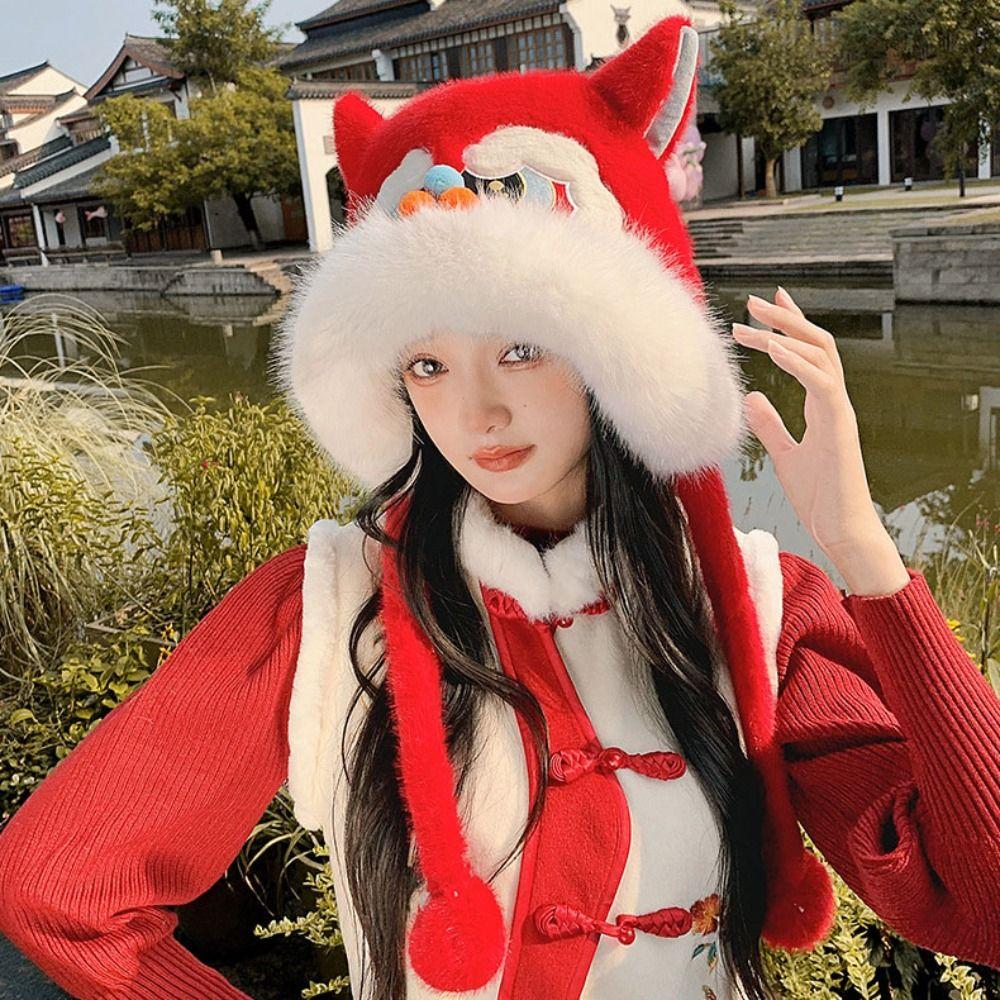 Lace Up New Year Pullover Cap Ear Muffs Scarf Gloves Hat Winter Plush Warm Hat New Year Gift