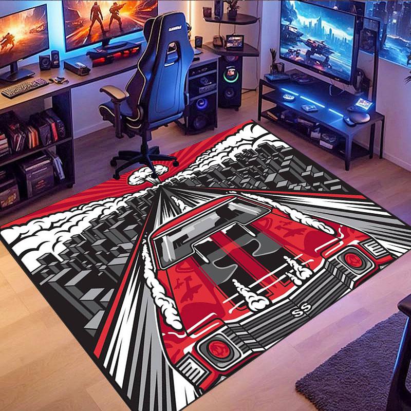 Vintage Car Garage-Themed Rug, suitable for living room, bedroom, game room, computer room and home décor.