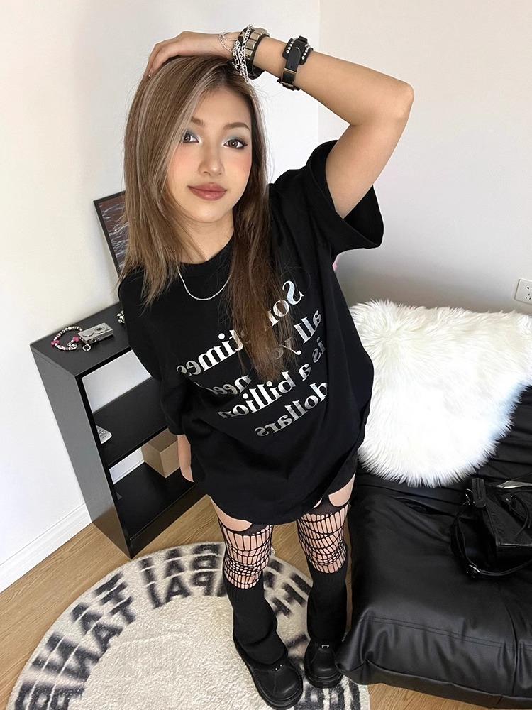 American high street short-sleeved t-shirt women's oversize summer new slogan printing basic top pure cotton half-sleeved