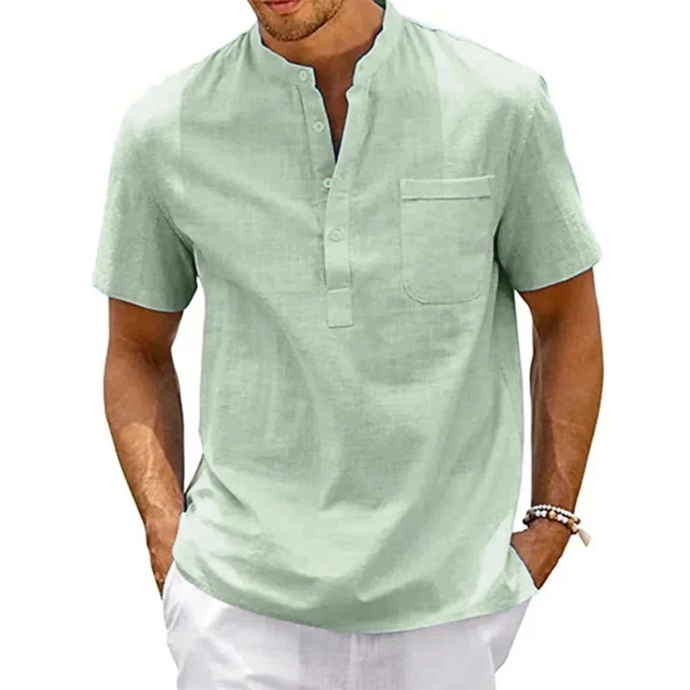 Camisa de Lino Algodón Hombre Cuello Henley Bolsillo Casual Playa Manga Corta Color Sólido Tops Camisetas Vintage Streetwear