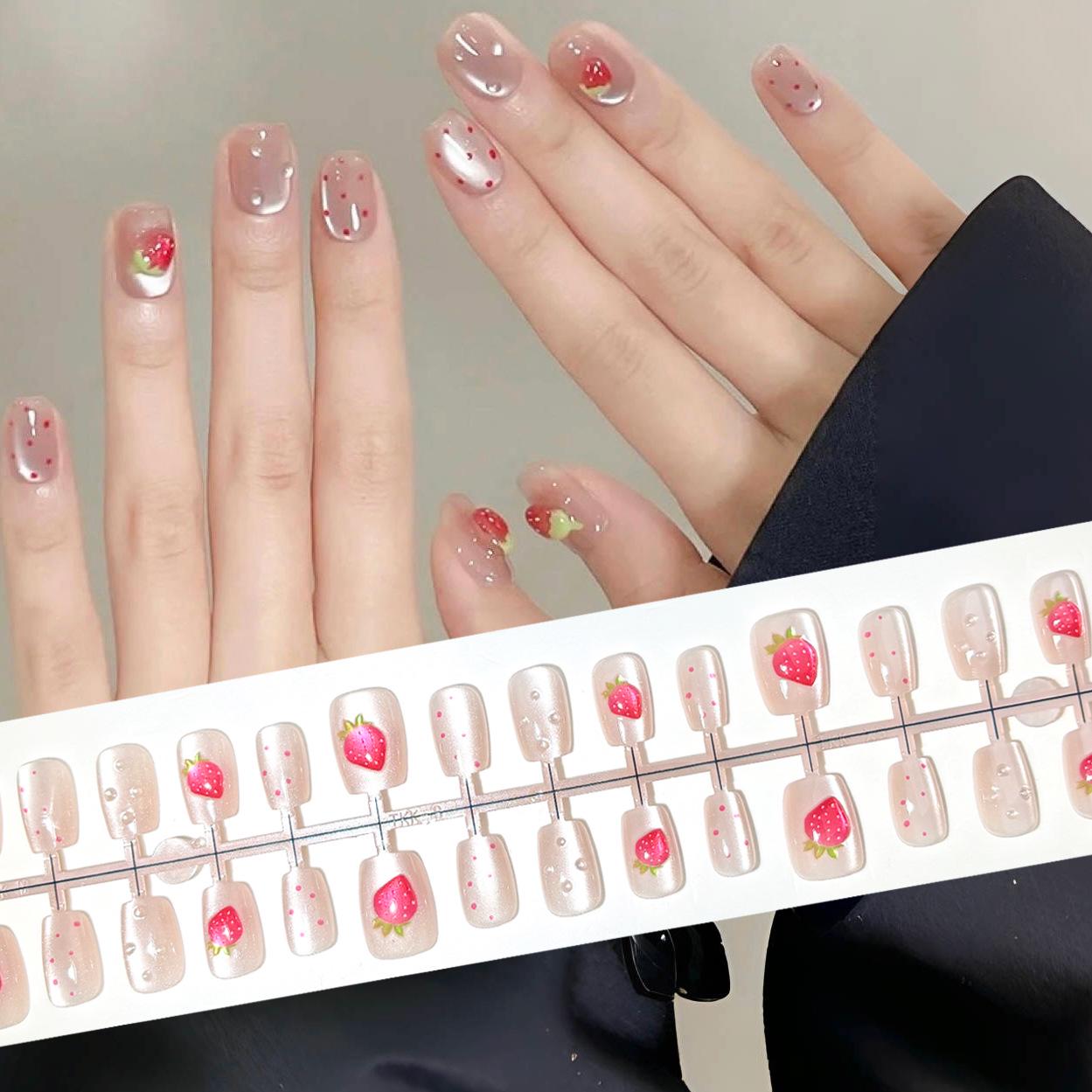 

3D Cute Strawberry Press-on Nails - Gentle, Sweet, Transparent Fairy Nail Art Patches YM200-S Strawberry Polka Dot [All S Size]