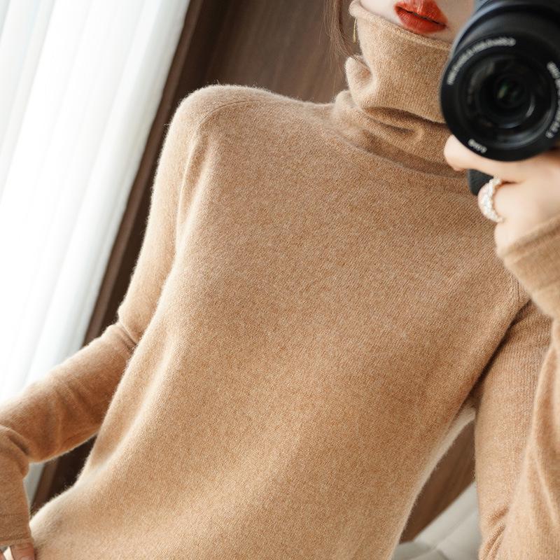 Women's High Neck Knit Sweater: Long Sleeve, Solid Color, Loose Fit, Stylish Autumn/Winter Base Layer