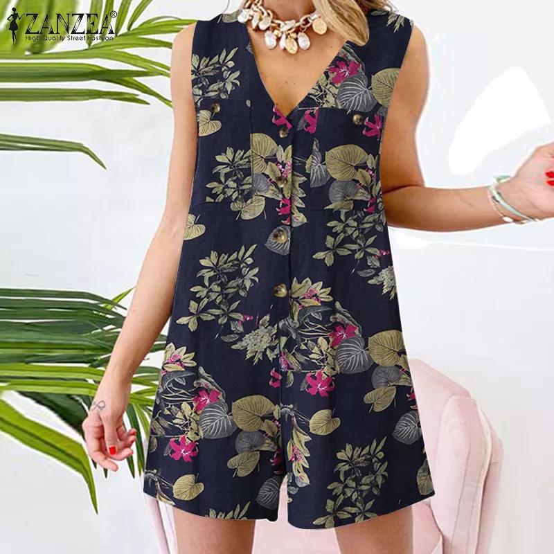 Women's Floral Summer Jumpsuit - Loose, Casual Beach Tank & Shorts