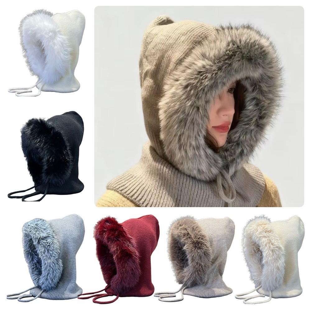 Versatile Balaclava Hat Imitation Mink Wool Drawstring Design Knitted Hat Warm Cold-proof Pullover Hat Autumn Winter Women Wear