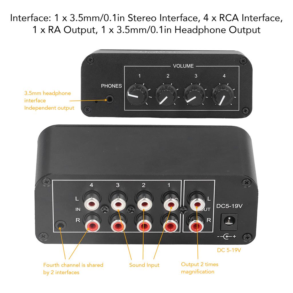 Stereo Mixer Stereo Sound Mixer 4 Channel  Input and Output Mini Stereo Mixer with Separate Volume Controls for Headphones