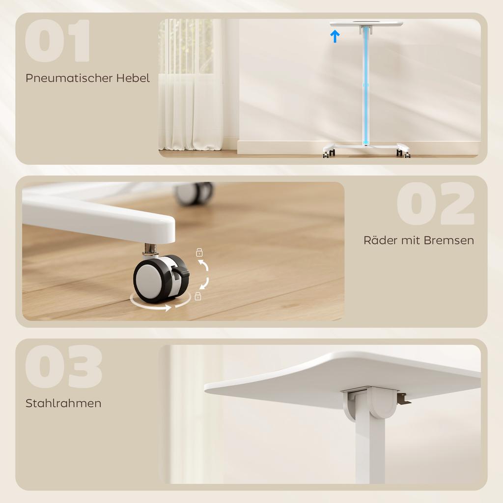 Height-Adjustable Standing Desk, Rolling Desk with Tiltable Tabletop, Safety Stopper, Wheels, White
