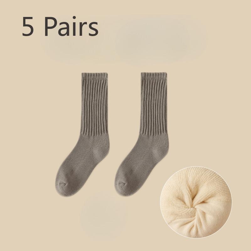5 Pairs of Stacked Socks Women's Autumn and Winter Padded and Thickened Warm Terry Socks Solid Colour Mid-calf Socks Thick Needle Towel Socks Tide