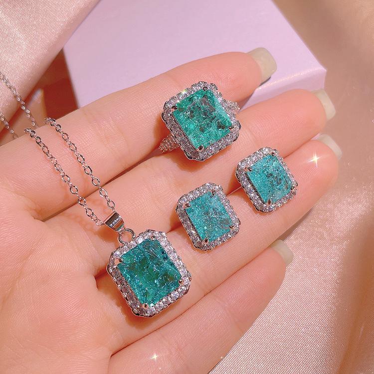 Europäischer & Amerikanischer Stil Paraiba Prinzessschliff Ring, Halskette und Ohrstecker Set