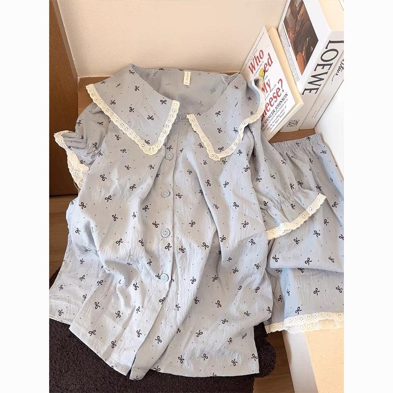 

Polka dot bow printed pajamas women s summer new lace short-sleeved shorts set girl casual loungewear XXL