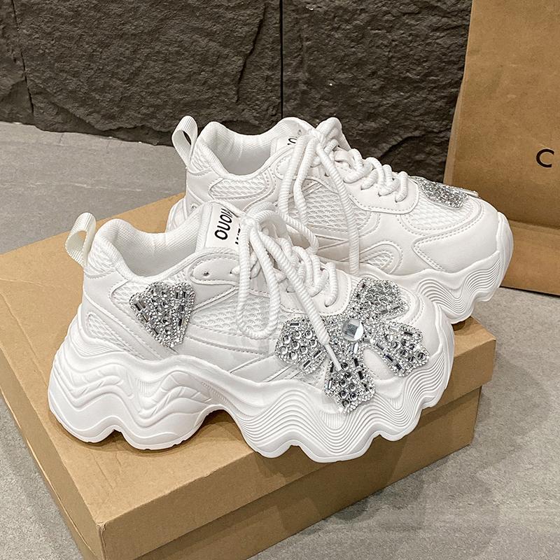 Fashion 8CM High Platform White Shoes Women New 2025 Summer Breathable Crystal Chunky Sneakers Designer Thick Sole Sports Shoes