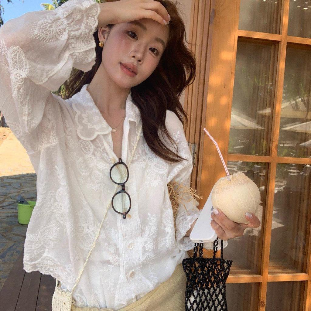 Women's Lemon Green Tea Lace Embroidery Jacquard Shirt - 3D Retro Sun Protection Cardigan for Spring 2026.