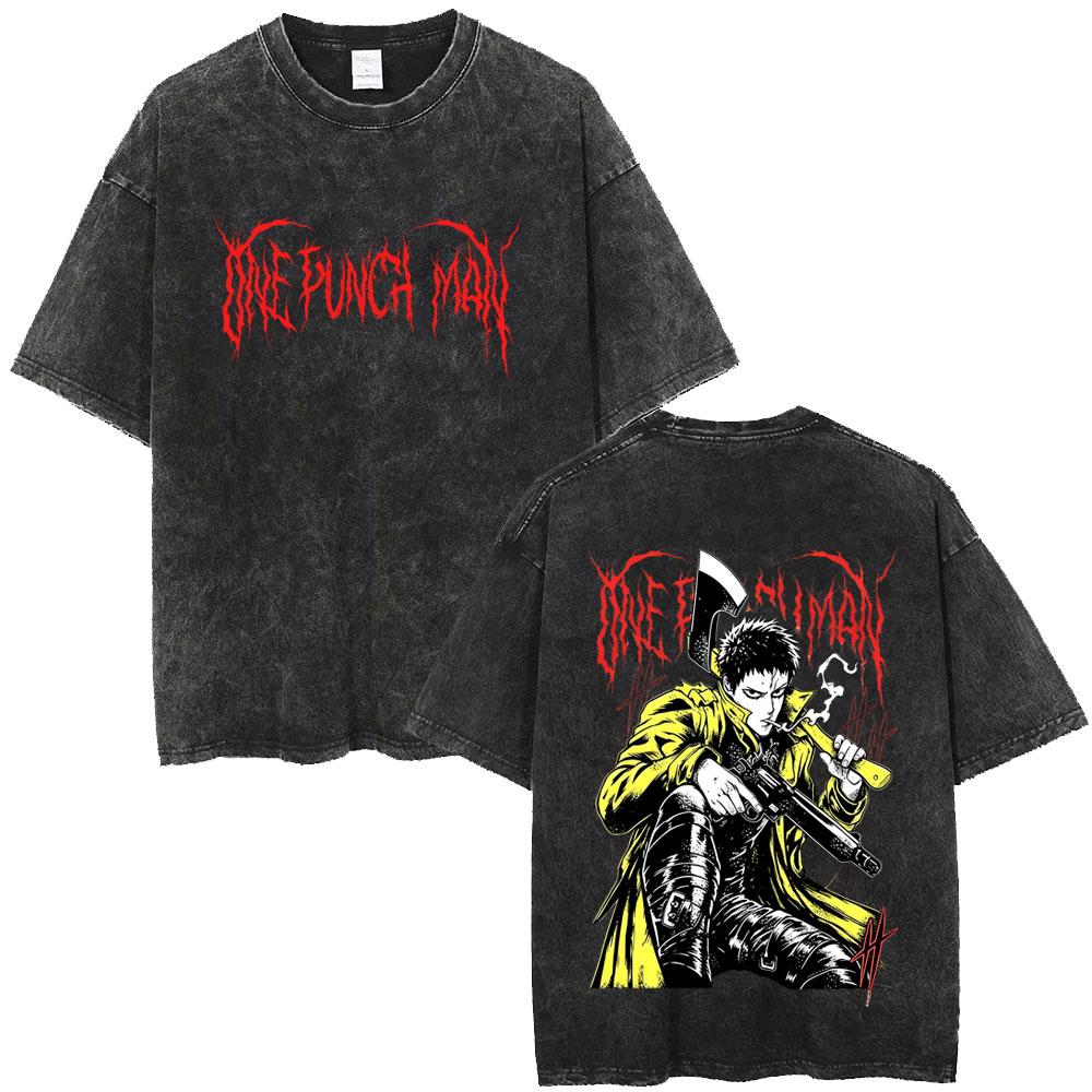 Japanese Anime One Punch Man Vintage Washed T-shirt Manga Zombieman Graphic T Shirt Fashion Casual Oversized T-shirts Unisex