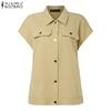 ZANZEA Women Casual Turn Down Collar Loose Summer Short Sleeve Blouse