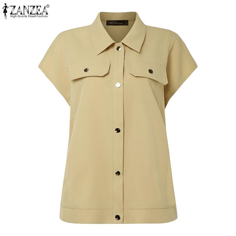 ZANZEA Women Casual Turn Down Collar Loose Summer Short Sleeve Blouse
