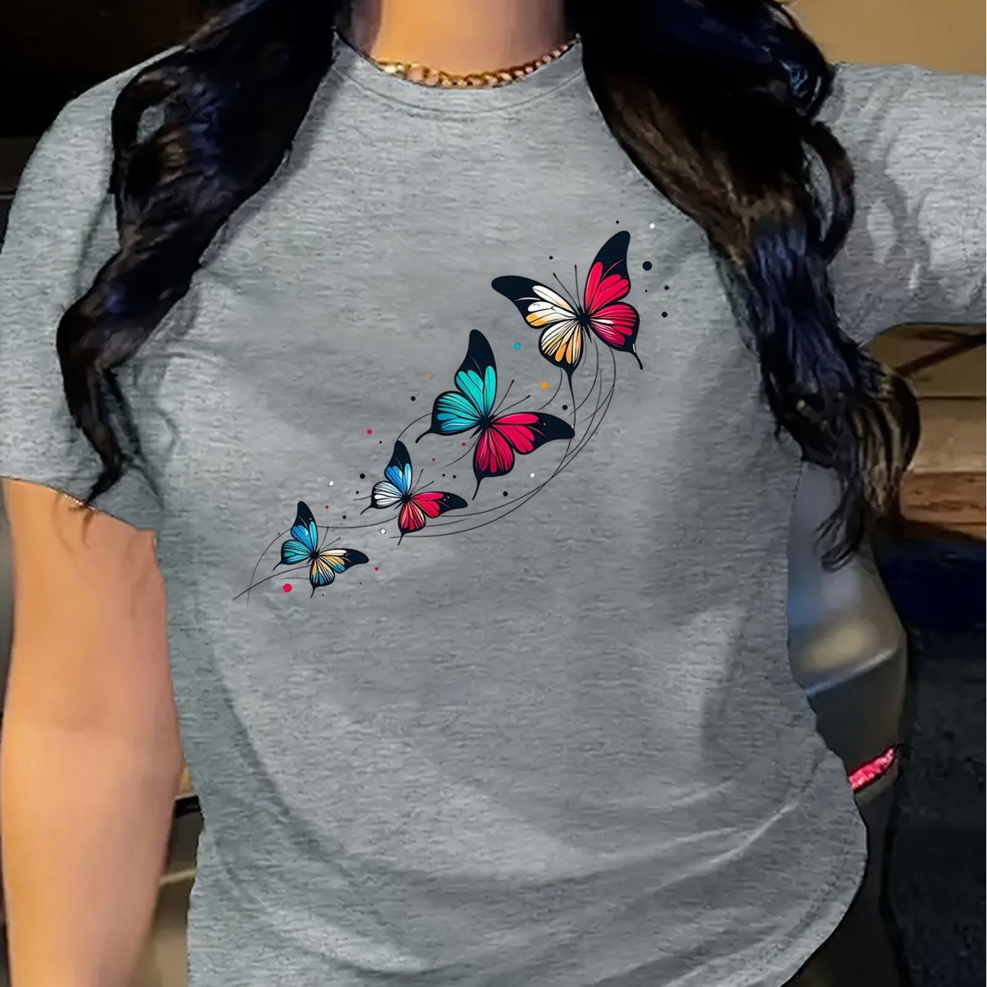 Bright Red Butterfly Printed Casual T-Shirt - Crew Neck, Short Sleeve, Women s Fashion Top XXS