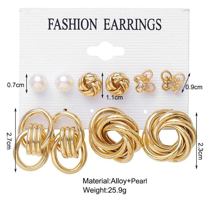 Fashion Metal Gold Color Circle Pearl Earring Set for Women Creative Personality Heart Butterfly Stud Earrings Party Zircon Set
