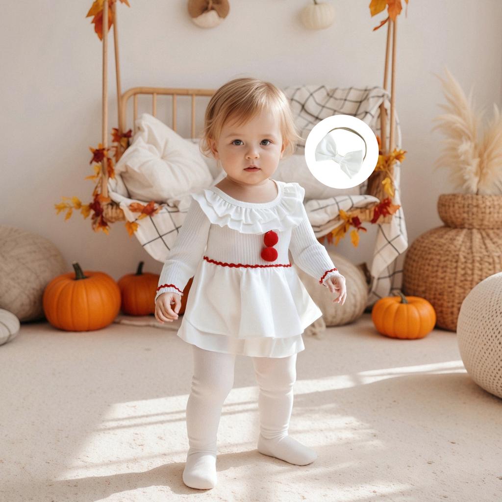 Baby Meisjes Romper met Lange Mouwen Patchwork Bontbal Poppenkraag Jumpsuits en Schattige Hoofdband Set voor Peuters