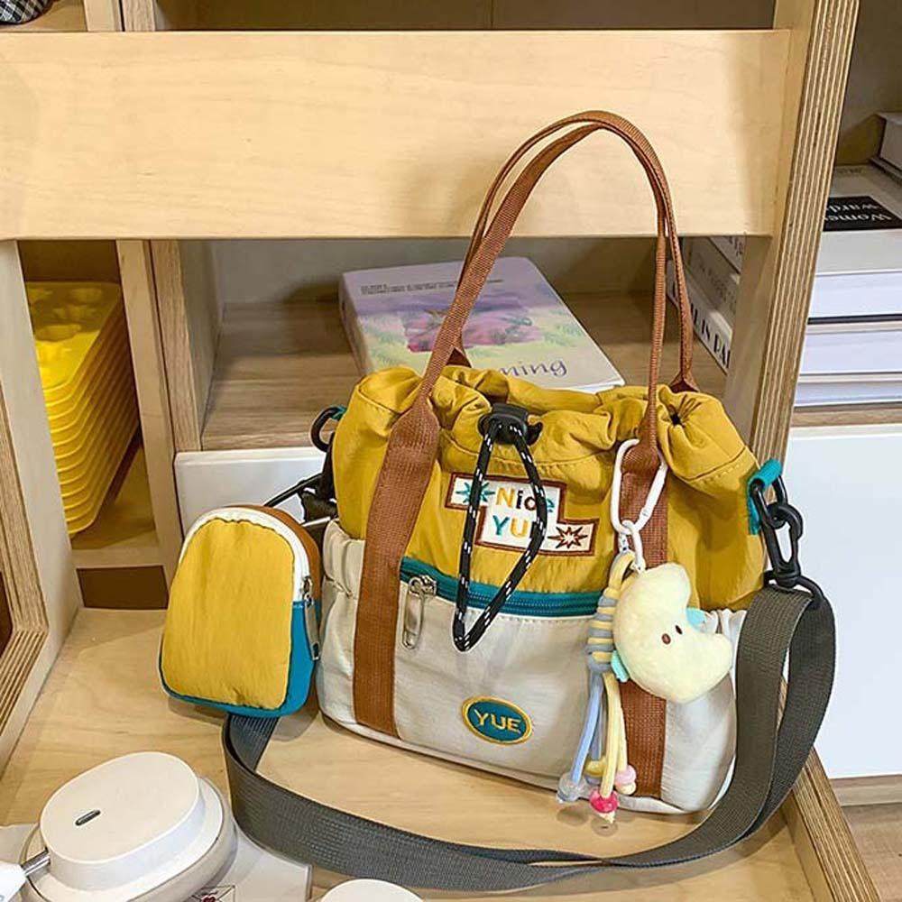 

Embroidery Nylon Shoulder Pouch Quick Drying Drawstring Bucket Cloth Bag Friends Yellow With Pendant