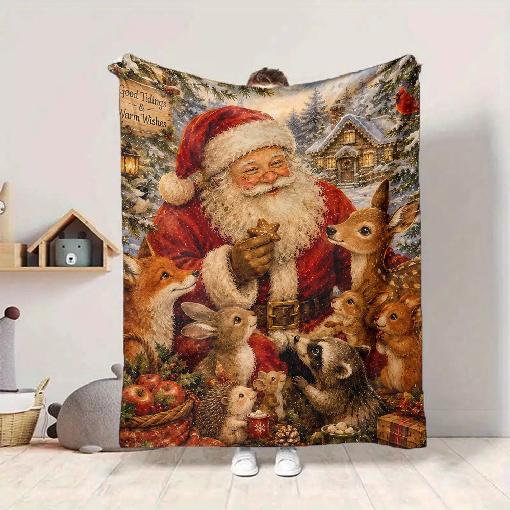 1Pc Christmas Santa Reindeer Blanket Soft And Comfortable Casual Warm Camping Travel Christmas Halloween Gift M91724