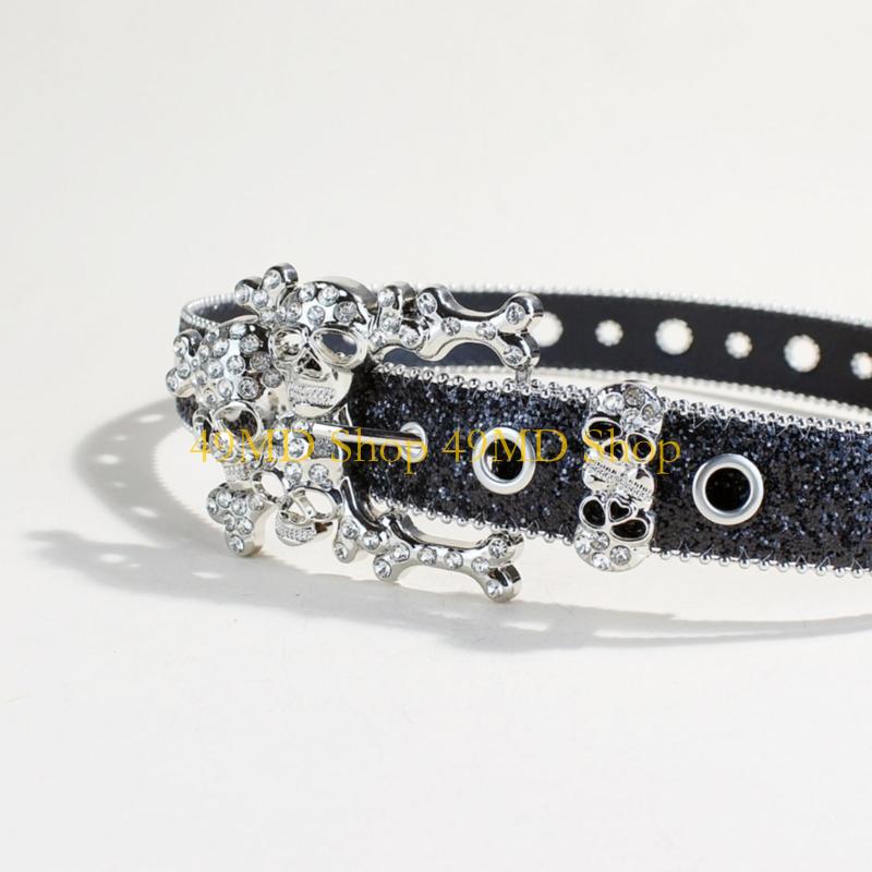 49MD Elegant Crystal Skull Buckle Belt for Women Punk PU Leather Glittering Sequins Designs for Western Cowgirls Lookings