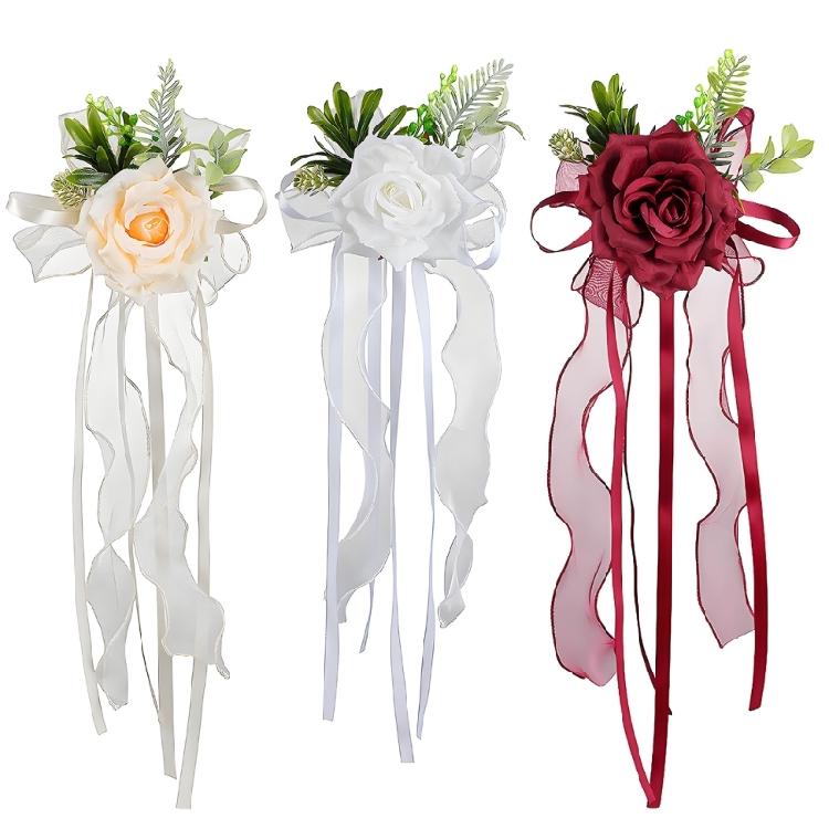 Wedding Entrance Vehicle Flower Ornament with Artificial Rose Ribbon Lengths for Mirror Placement and Car Styling