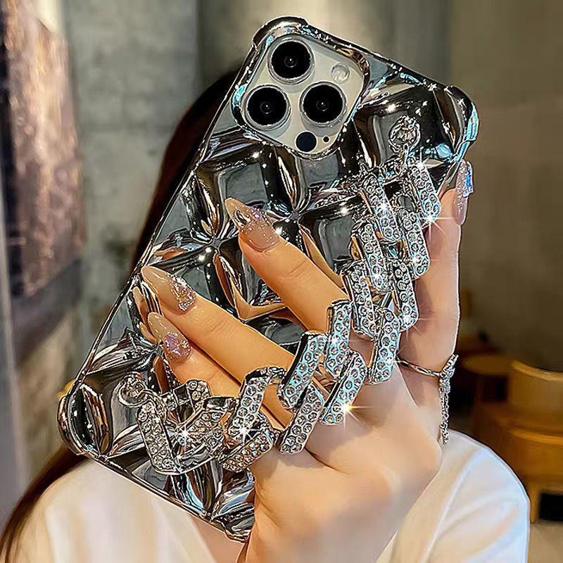Luxury Shiny Diamond Electroplating Phone Case for iPhone 16 Pro Wristband Strap Mobile Phone Cases