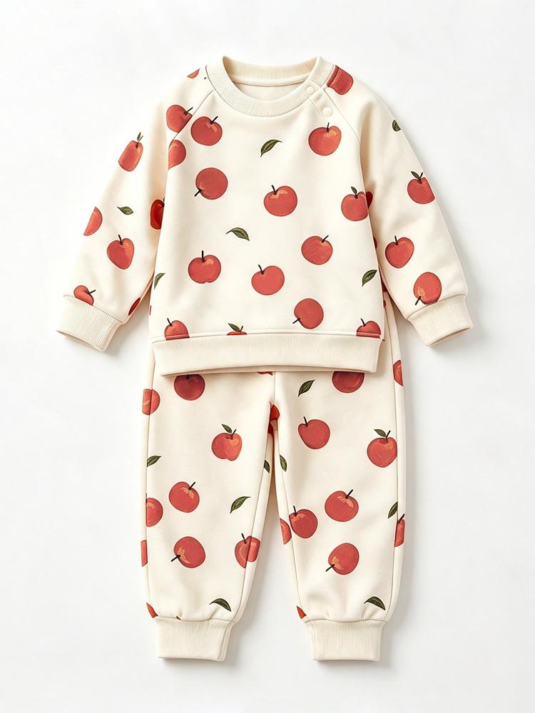 Warm Fleece Lined Baby Clothes Set Cute Round Neck Sweatshirt + Pant Kids Boy Girl Clothing