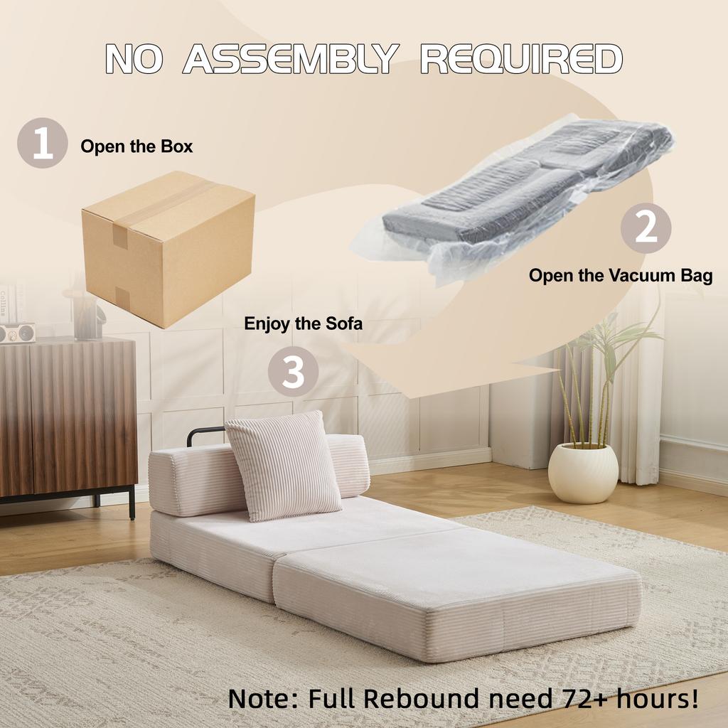 Floor Couch,Compression Sofa,Convertible Sofa Bed-with Pillow Back Support Armrest,Corduroy Fabric,for Living Room Bedroom,White