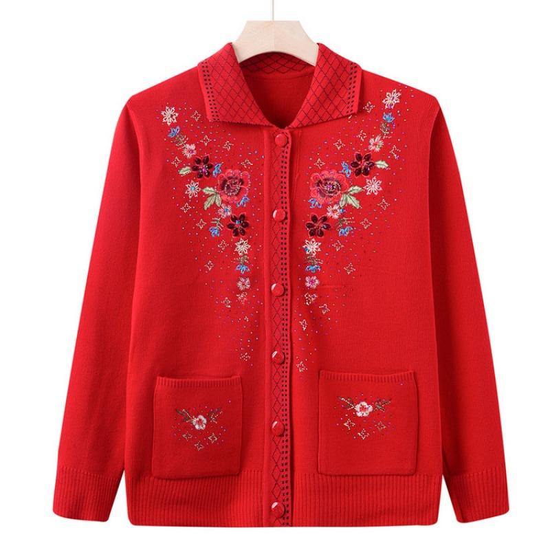 Middle aged autumn and winter sweater female mother wear cardigan age 0 grandma knitted sweater old lady autumn coat