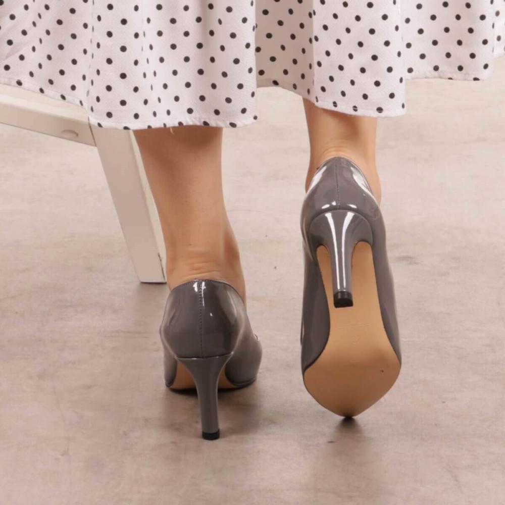 Women's Fashion Gray Patent Leather Heeled Shoes
