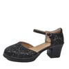 Fashion Plus Size Sequin Fabric Patchwork Round Toe Thick Heel Bling Sandals Ankle Buckle Shallow Mouth Super Size High Heel Sandals