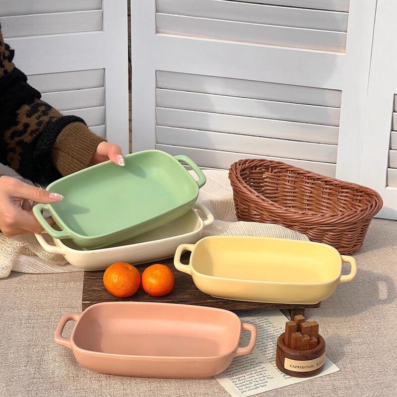 Deouxingguang Cream Rectangular Ceramic Double-Handle Dish