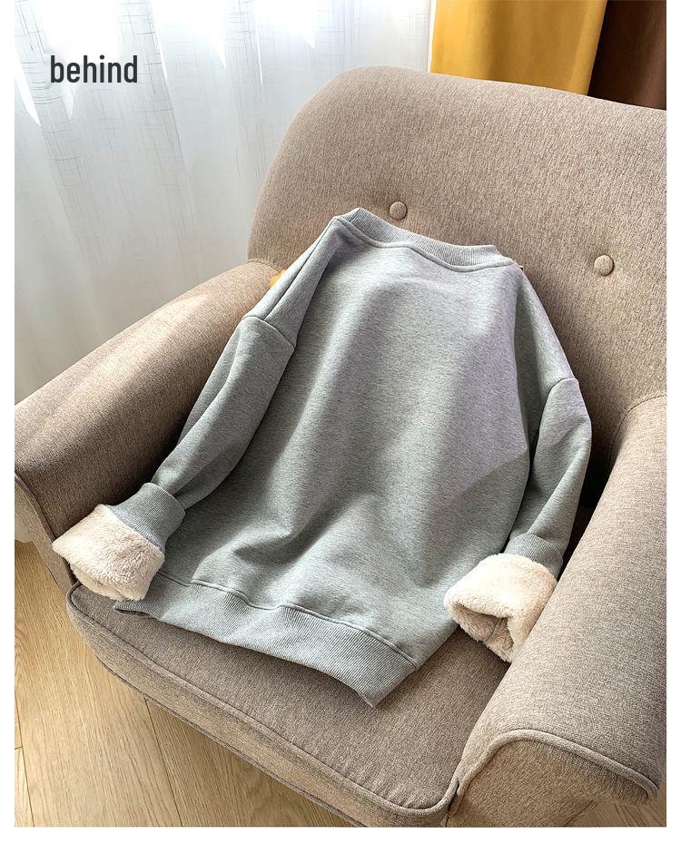 Women's Loose Lambswool Sweatshirt - Korean Style Casual Plus Velvet Thick Top for Autumn/Winter 2023.