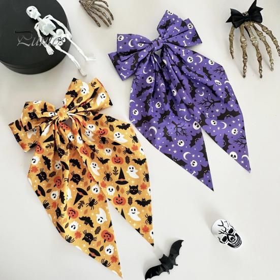 Pumpkin Print Bow Barrette Halloween Silky Satin Hair Bows, Big Ribbon Clips, Oversized Dynamic Long Tail Barrettes, Cute Accessories for Women Girls