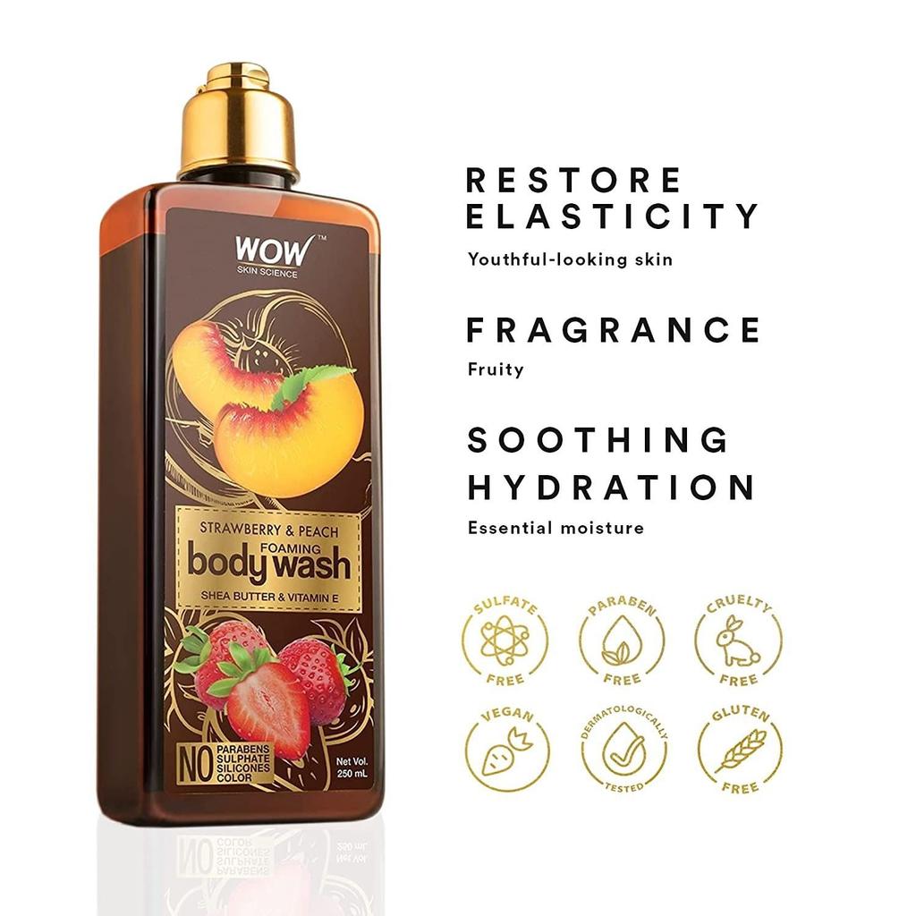 Гель для душа с Клубникой и Персиком (250 мл), Strawberry & Peach Foaming Body Wash,  WOW Skin Science