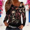 Women Plus Size Asymmetric Cutout Neck Cold Shoulder Long Sleeve Skull Floral Printed Black Fitted Shirt