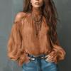 Womens High Neck Cold Shoulder Chiffon Blouse Lantern Sleeve Loose Fit Top Casual Shirt