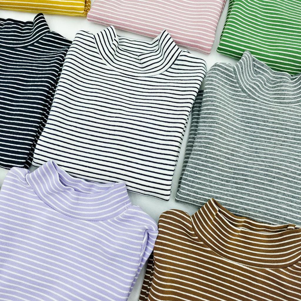 Kids' and Parents' Striped Long Sleeve T-shirt - Semi-High Collar Elastic Layer for Autumn/Winter