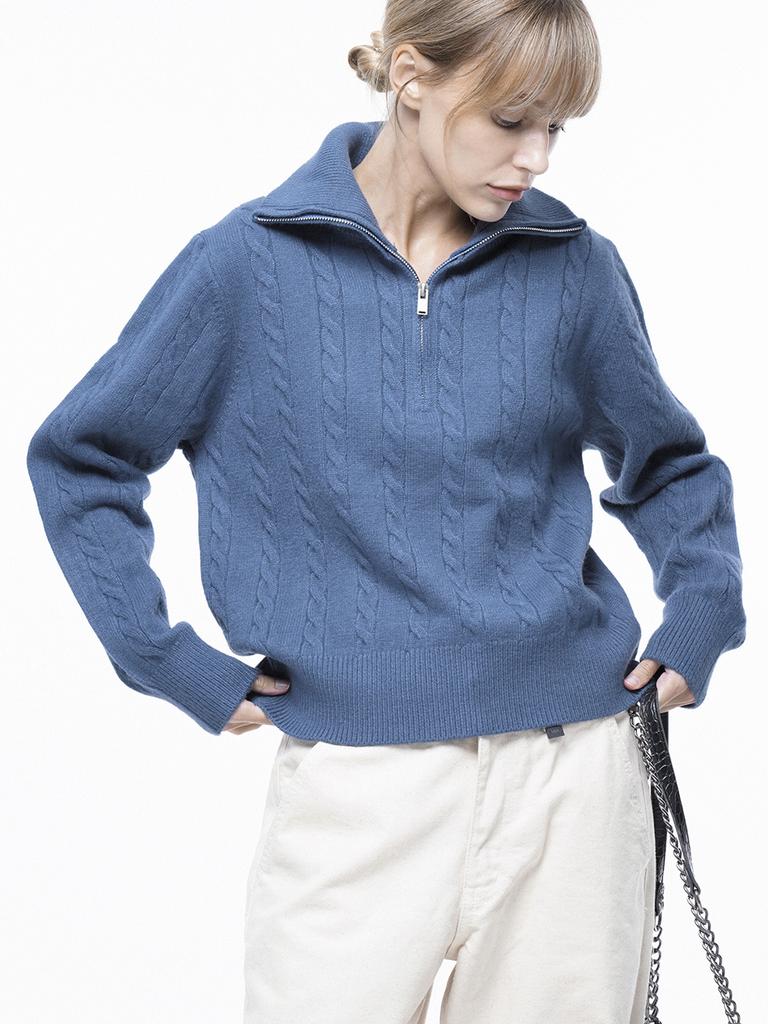 Chaenseseunoi Soft Cable Half Zip-Up Knit - Blue /W243Tp01Bl