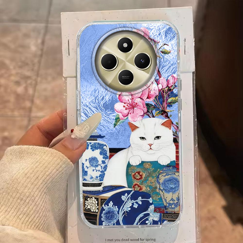 Lucky Cute Cat Flower Retro Phone Case for Xiaomi Redmi Note 14 13 12 11 11S 10 10S 8 9 Pro 9C 13C 14C A3 A4 A3X 9C A1 A2 Cover