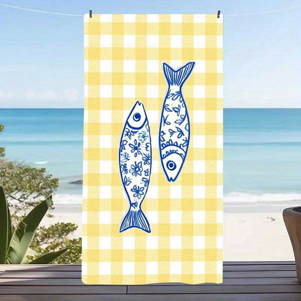 Green Grid Colorful Fish Print Beach Towel Anti Sand Microfiber Pool Towel Summer Beach Swim Outdoor Gym Camping