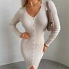 Elegante Vestito Midi in Maglia Scollo a V Spacco Laterale Vestibilità Aderente Monopetto Bottone Tessuto TR Manica Lunga Silhouette A-Line